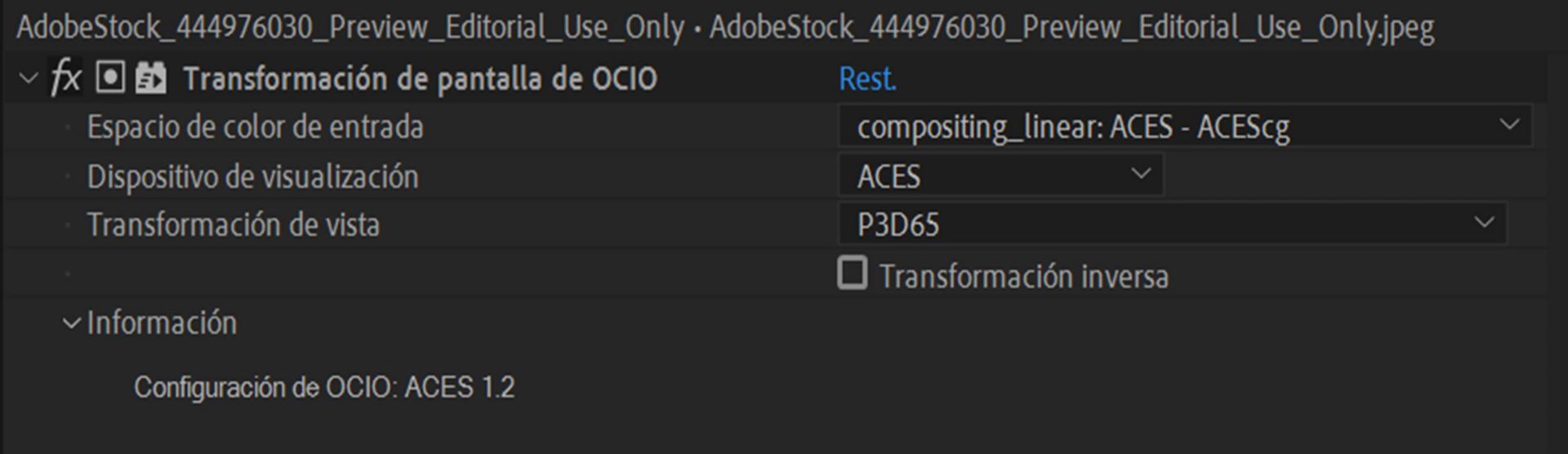 Efecto de transformación de pantalla de OCIO