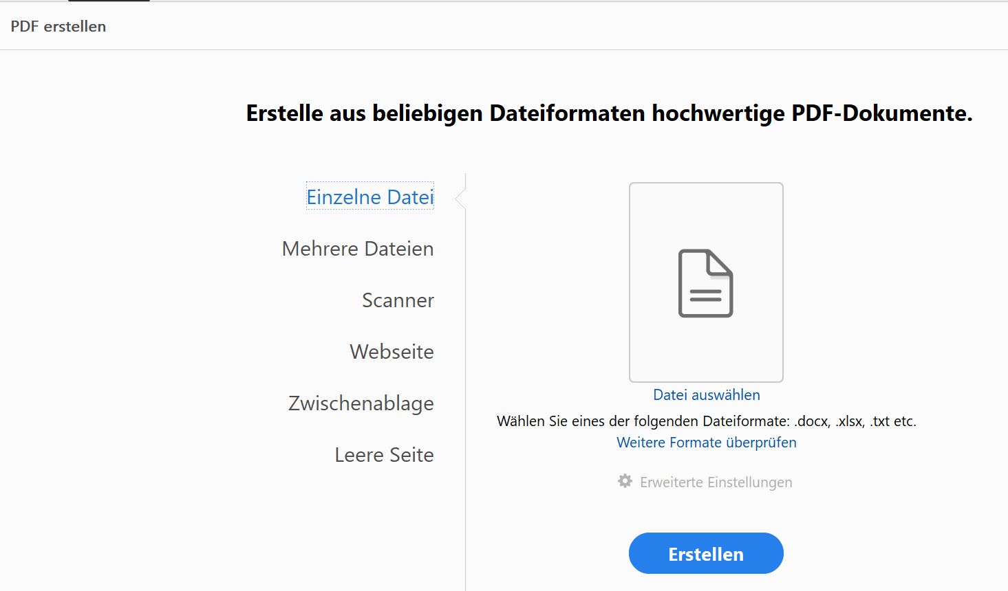„PDF erstellen“, alte Ansicht