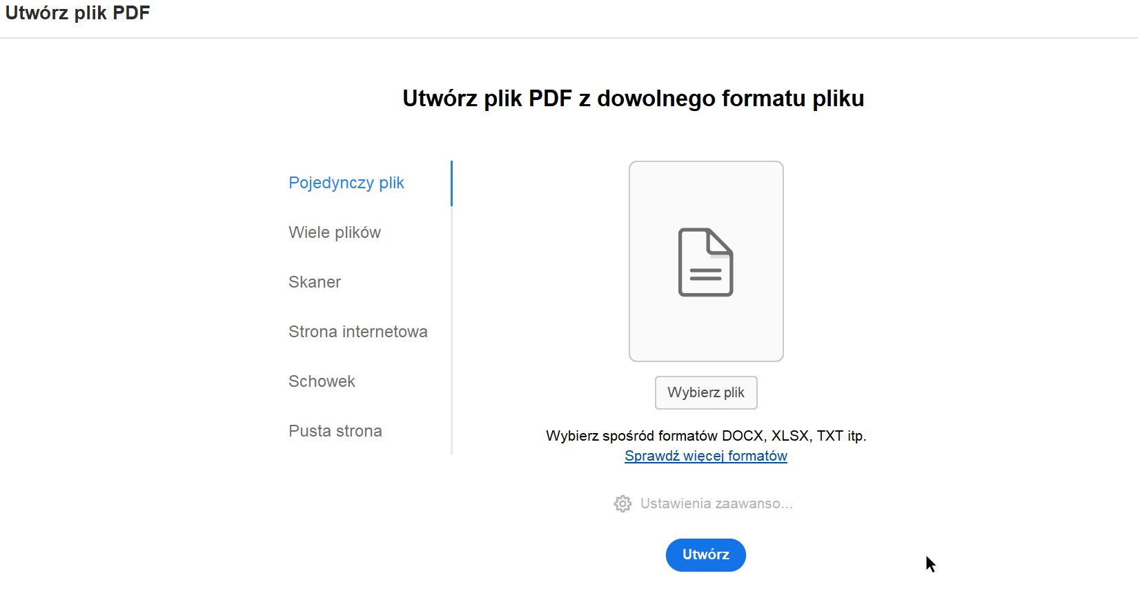 Utwórz plik PDF – stary widok
