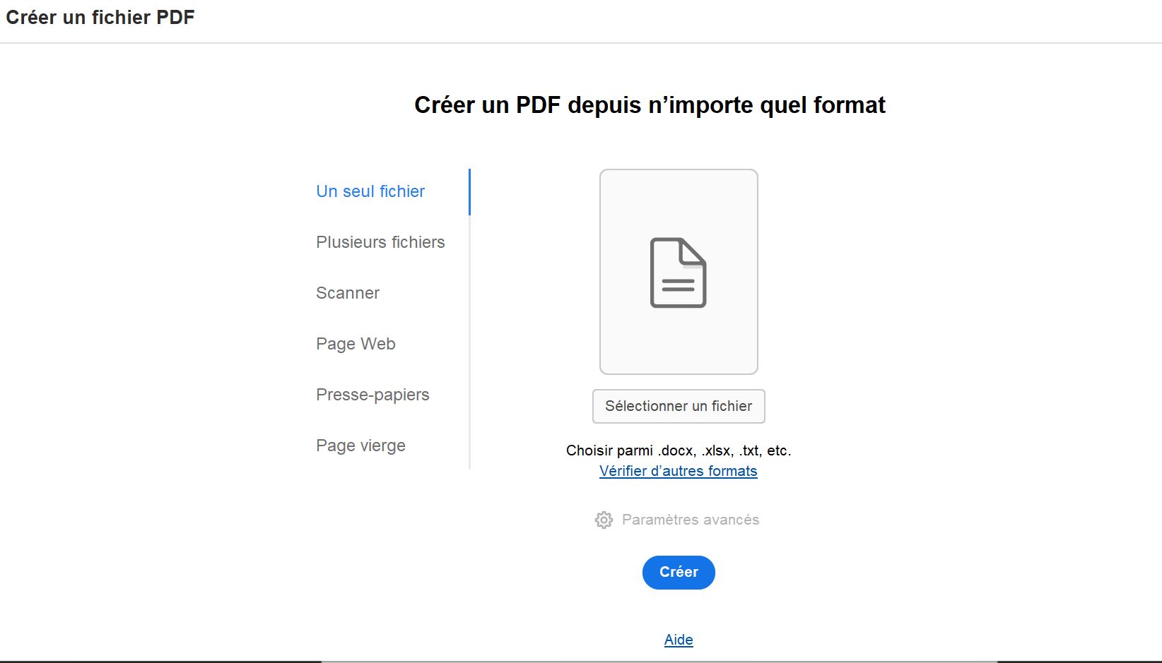 Ancienne vue Créer un PDF