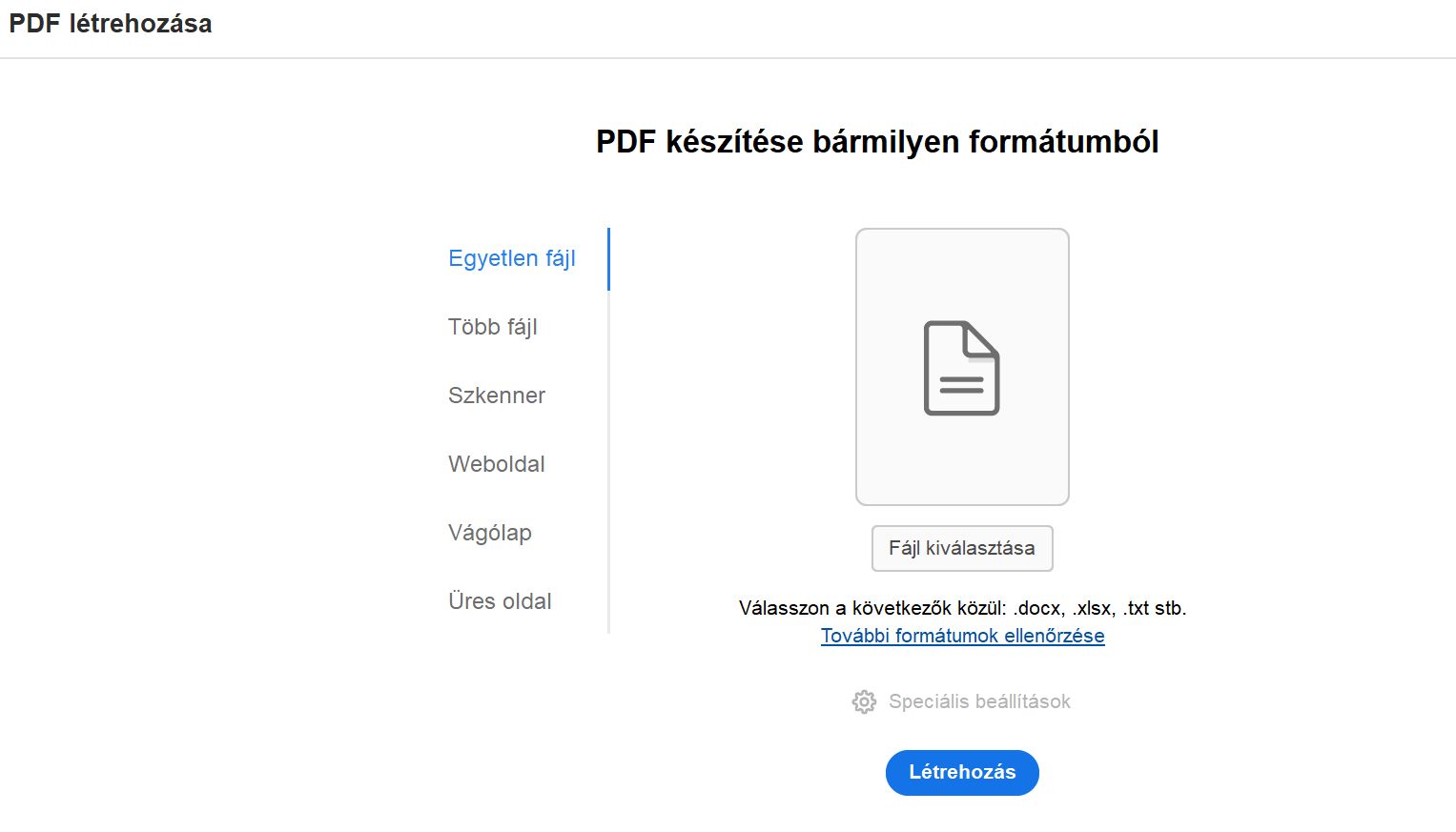 PDF létrehozása – régi nézet
