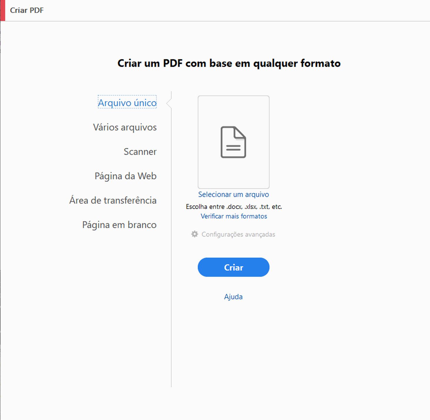 Exibição antiga de Criar um PDF