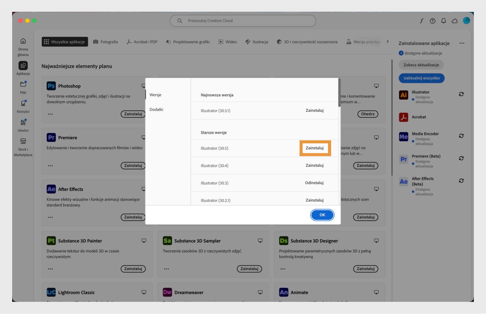 Karta Wersje pokazuje listę starszych wersji aplikacji Creative Cloud dostępnych do zainstalowania. 