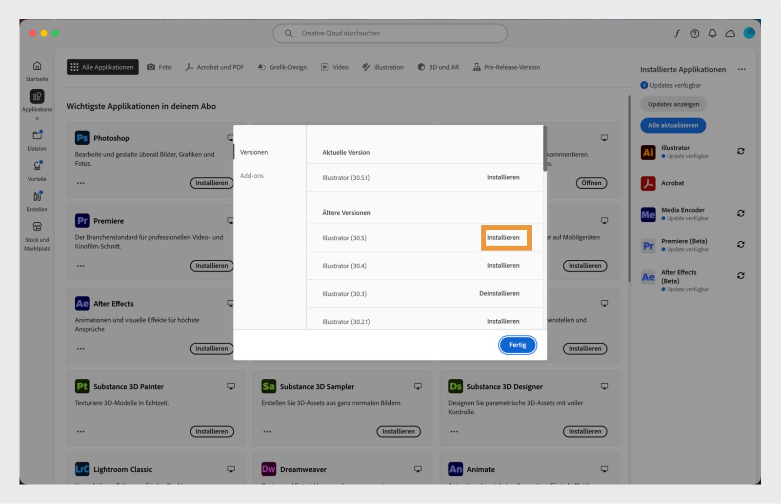 Der Reiter „Versionen“ zeigt die Liste der älteren Versionen von Creative Cloud-Anwendungen, die zur Installation verfügbar sind. 
