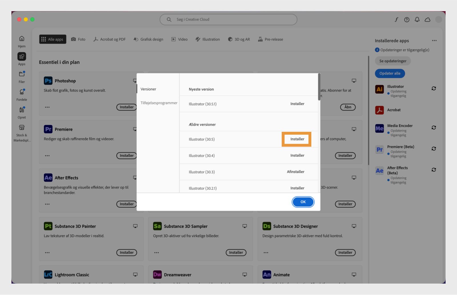 Fanen Versioner viser listen over ældre versioner af Creative Cloud-apps, der er tilgængelige for installation. 