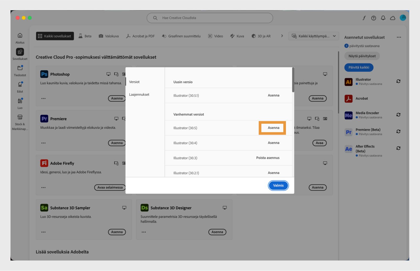 Versiot-välilehdellä näkyy luettelo asennettavissa olevista Creative Cloud -sovellusten vanhemmista versioista. 