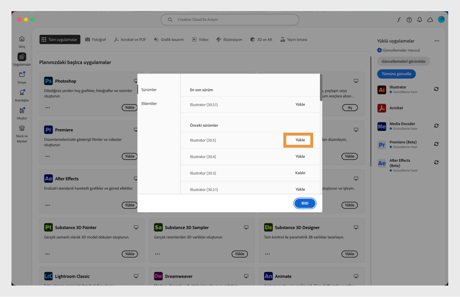 Sürümler sekmesi, yüklenebilecek Creative Cloud uygulamalarının eski sürümlerinin listesini gösterir. 