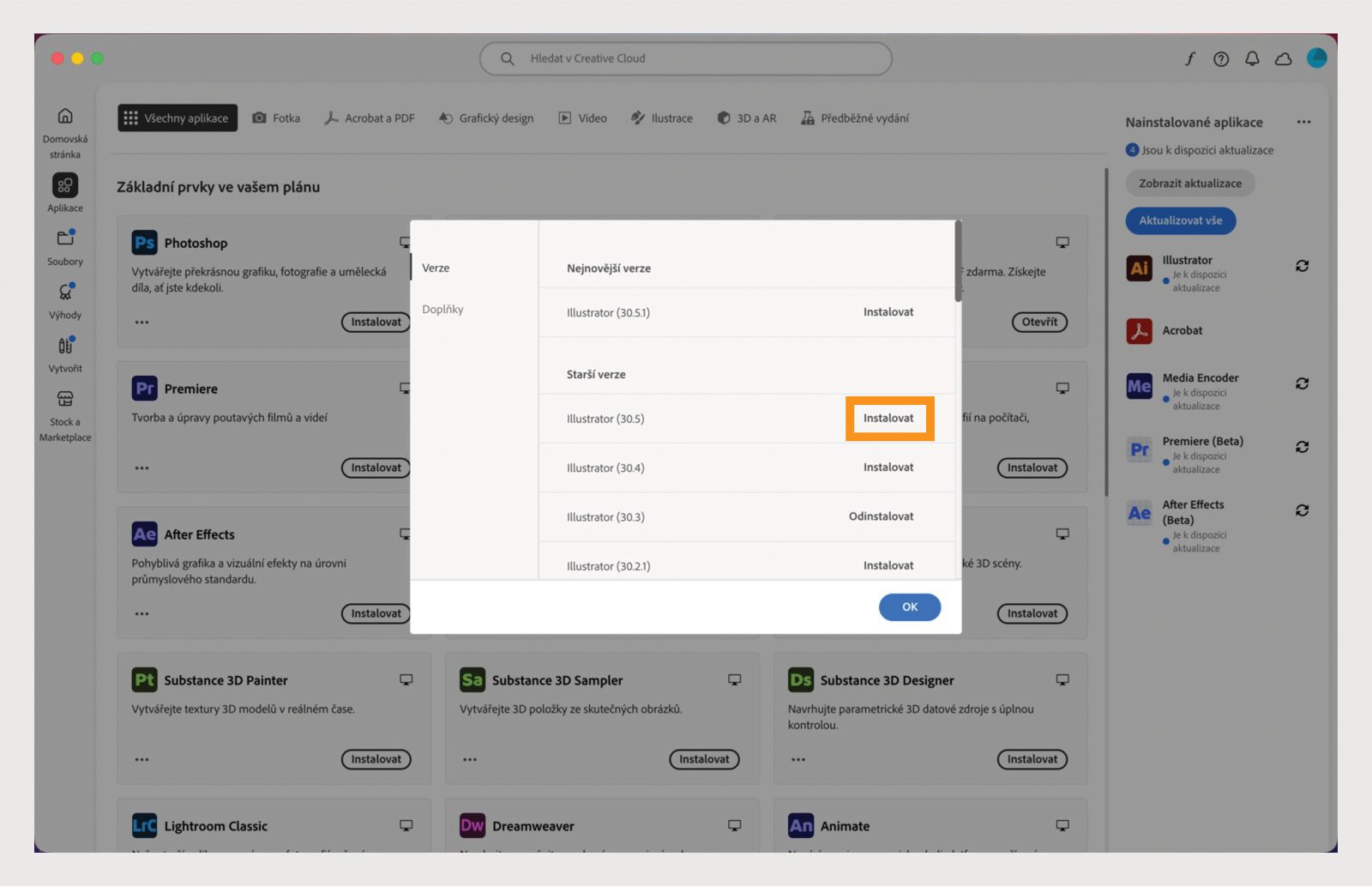 Karta Verze zobrazuje seznam starších verzí aplikací Creative Cloud, které jsou k dispozici pro instalaci. 