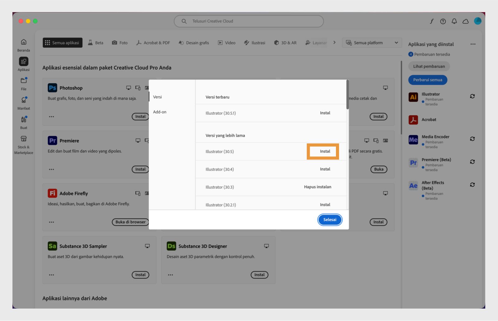 Tab Versi menampilkan daftar versi lama aplikasi Creative Cloud yang tersedia untuk diinstal. 