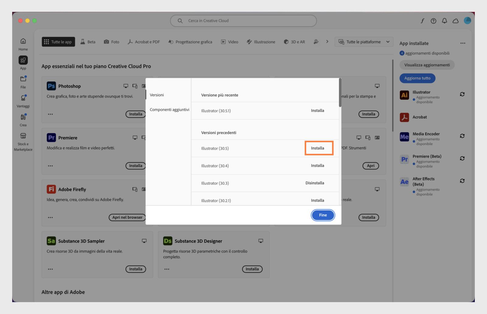 La scheda Versioni mostra l'elenco delle versioni precedenti delle applicazioni Creative Cloud disponibili per l'installazione. 