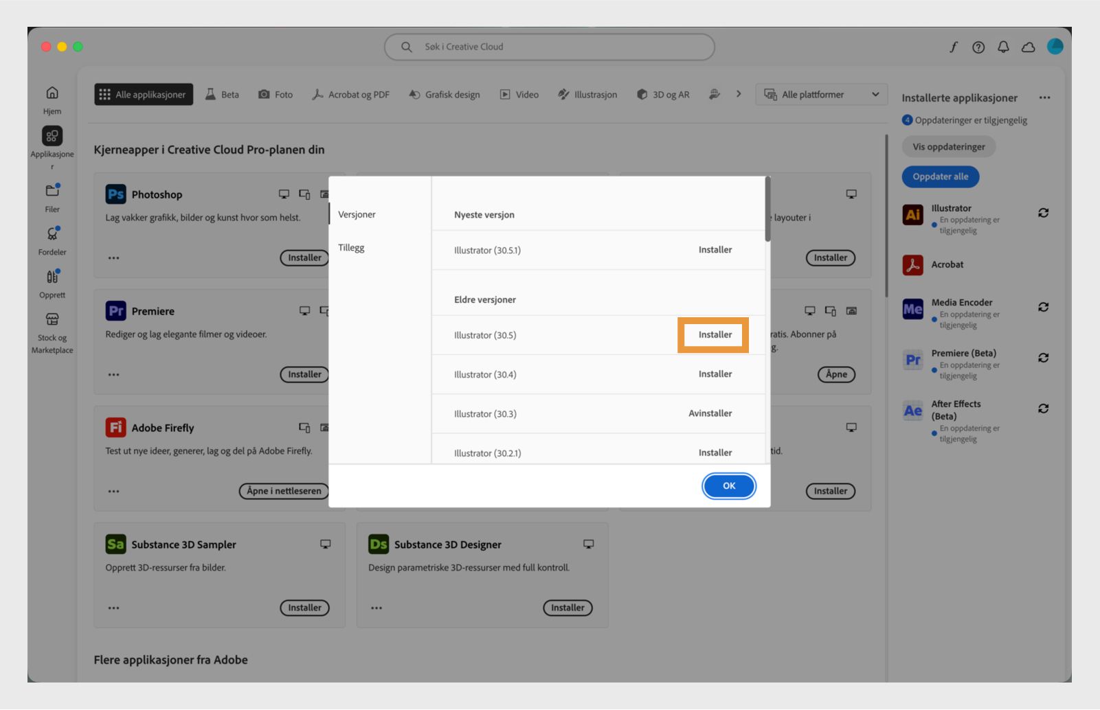Fanen Versjoner viser listen over eldre versjoner av Creative Cloud-apper som er tilgjengelige for installasjon. 