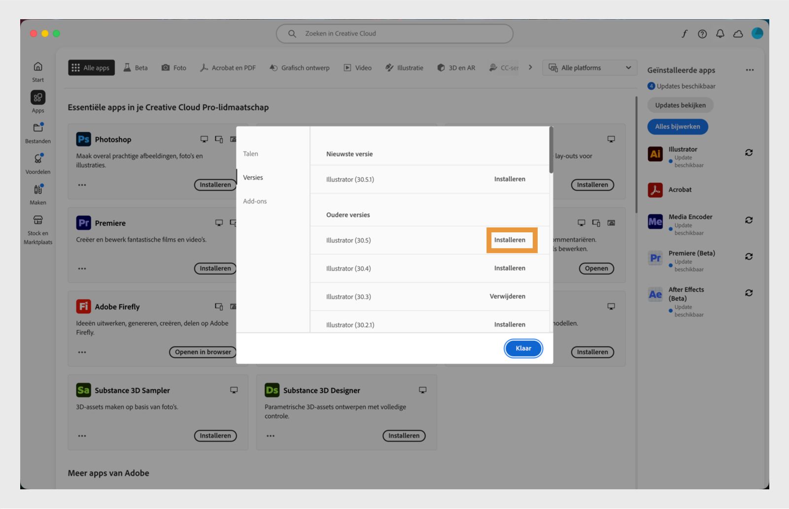 Het tabblad Versies toont de lijst met eerdere versies van Creative Cloud-apps die beschikbaar zijn om te installeren. 