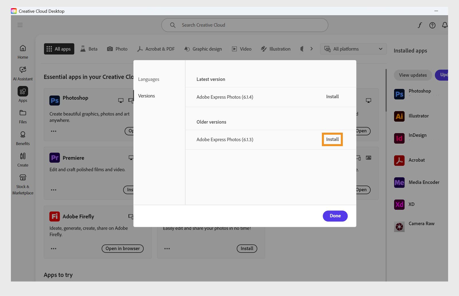 The Versions tab shows the list of older versions of Creative Cloud apps that are available to install. 