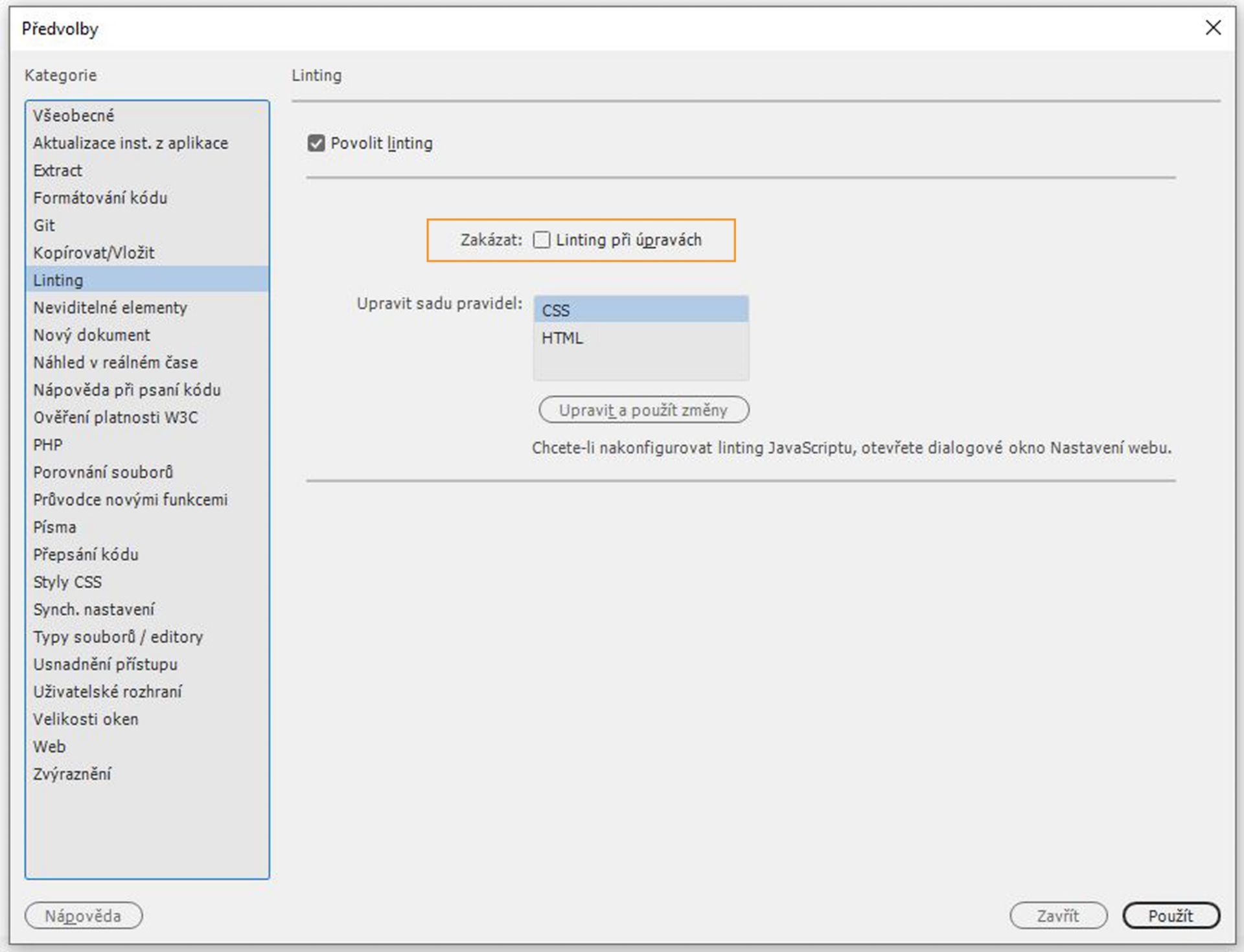 Linting při úpravách