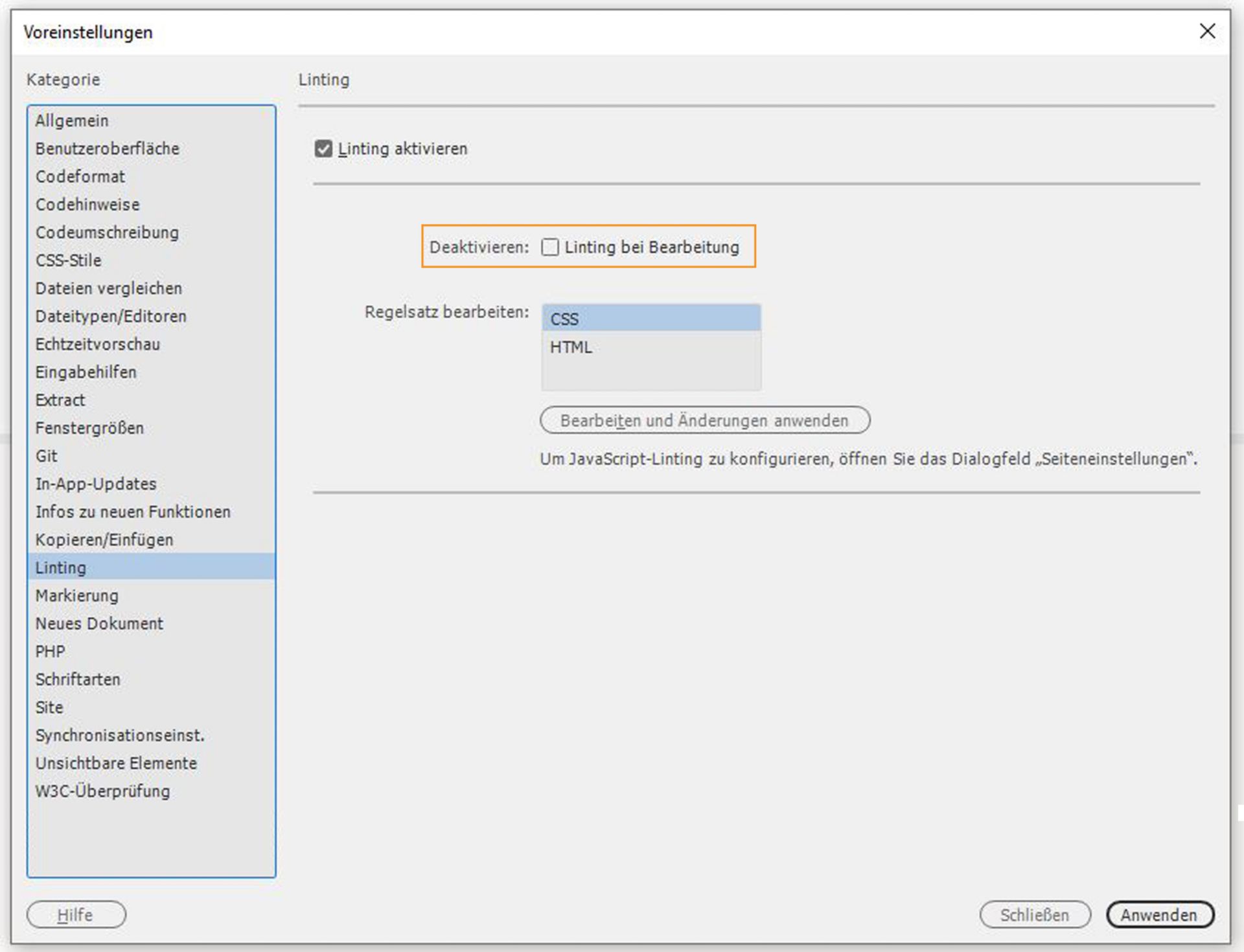 Linting bei Bearbeitung