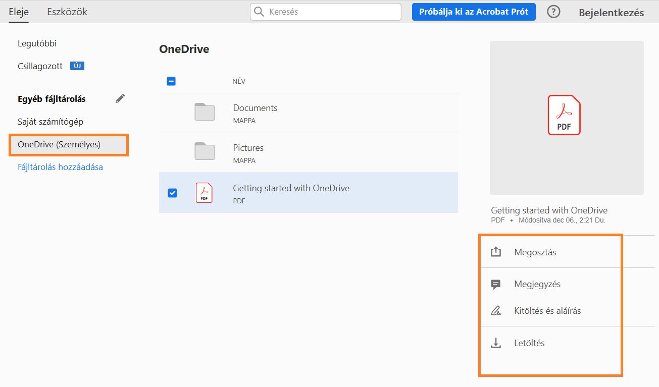 A OneDrive fájlok a Kezdőlap nézetben
