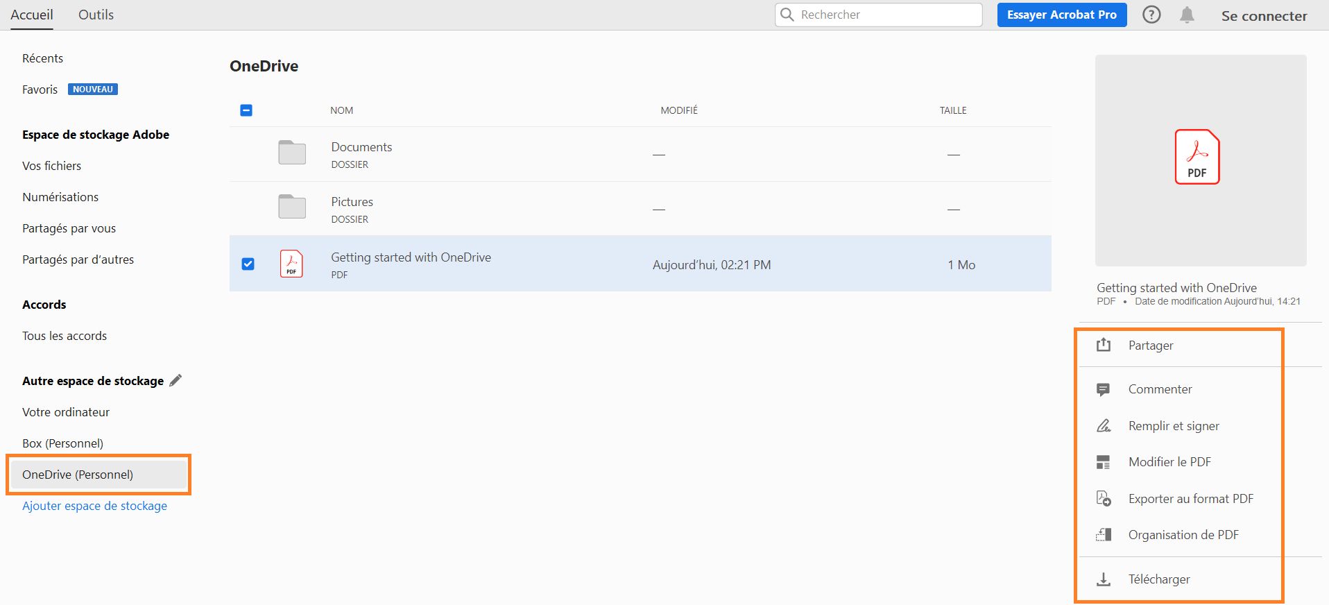 Vos fichiers OneDrive dans la vue Accueil
