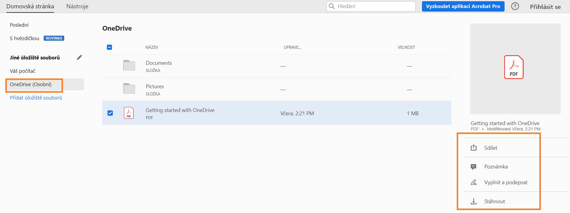 Soubory OneDrive v zobrazení Domovská stránka