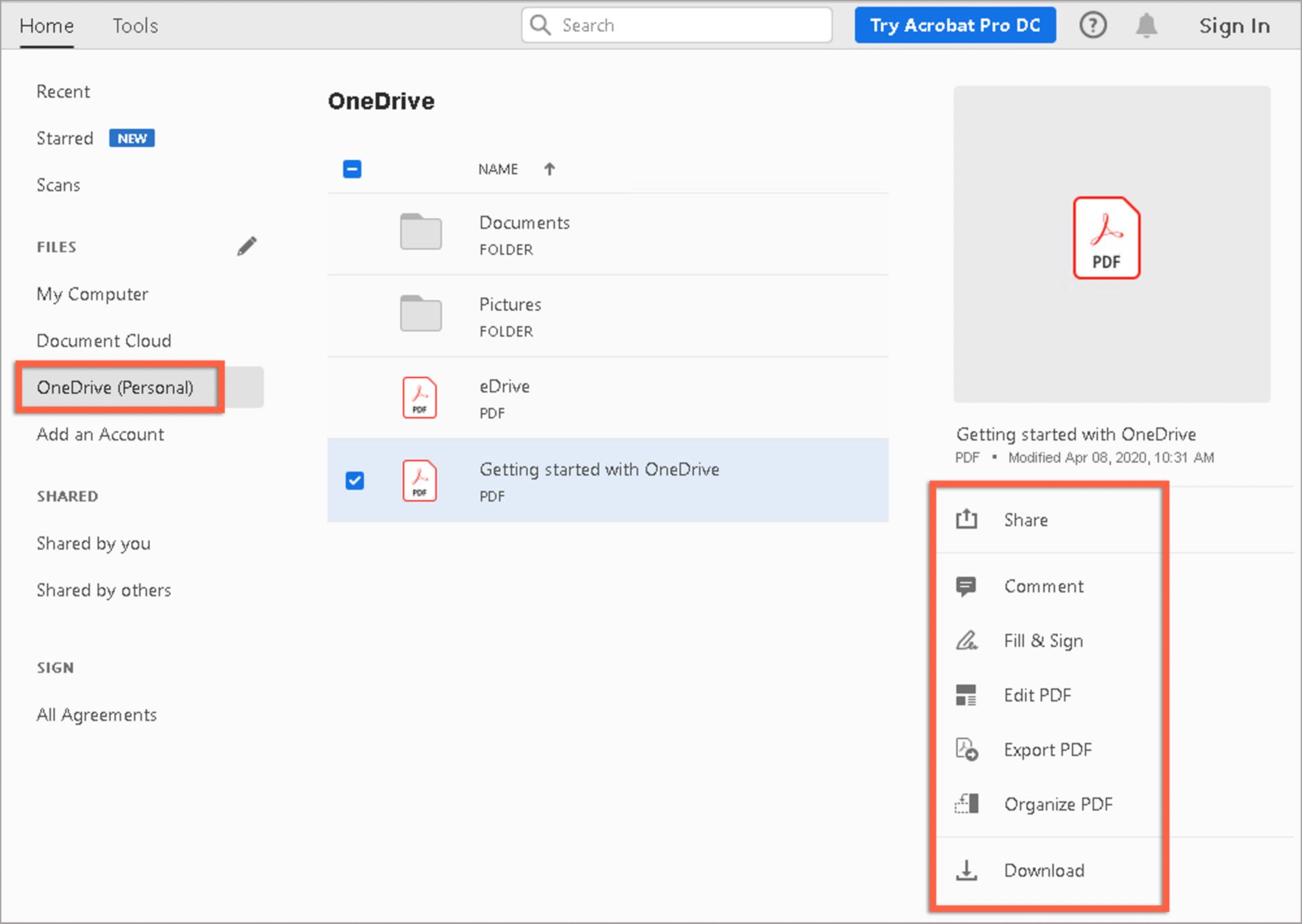 ملفات OneDrive في طريقة العرض Home
