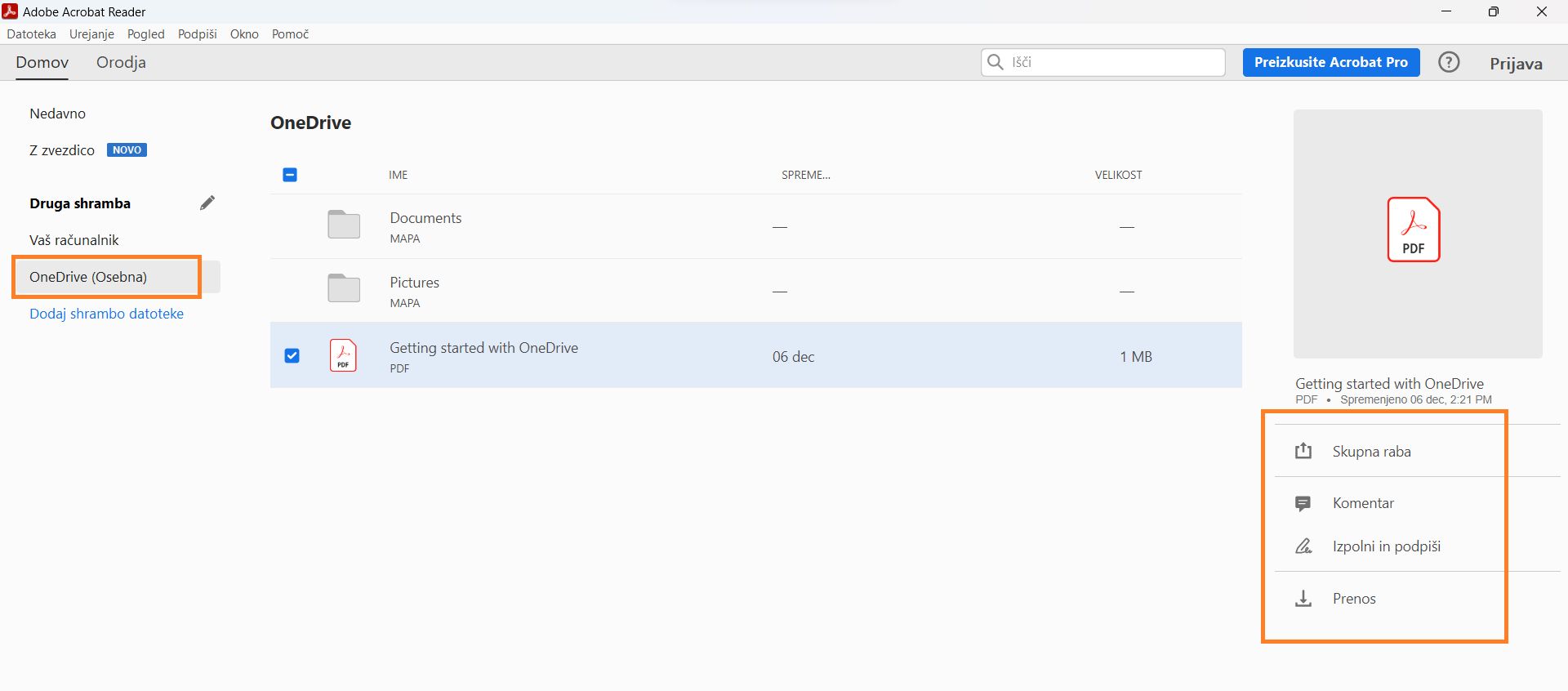 Datoteke storitve OneDrive v pogledu Domov