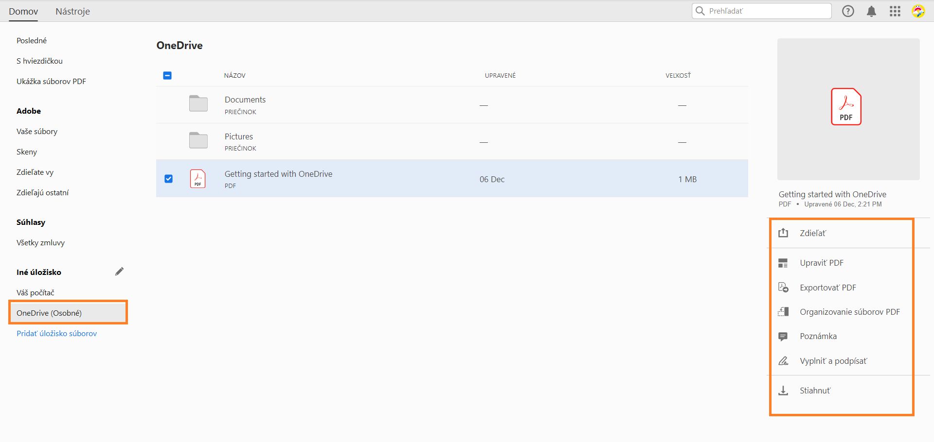 Súbory OneDrive v zobrazení Domov