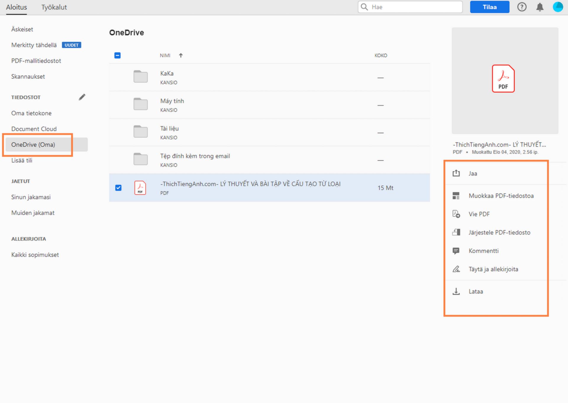 OneDrive-tiedostot aloitusnäkymässä