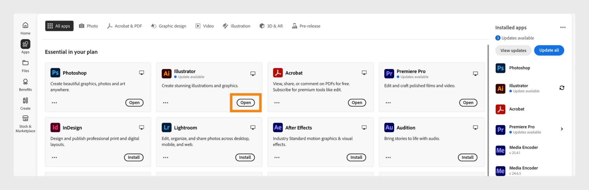 La scheda Tutte le applicazioni mostra tutte le app Creative Cloud, con opzioni per installare, aprire e visualizzare altre azioni. 