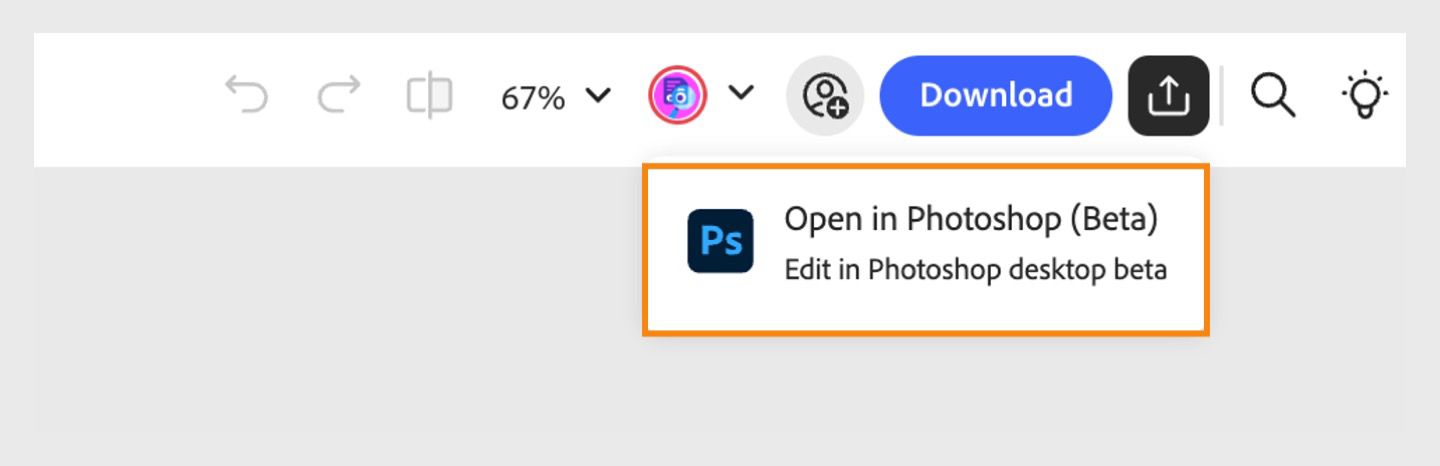 תיבת הדו-שיח Send to app מציגה את האפשרות המודגשת Open in desktop app כדי להפעיל את הנכס מהאינטרנט ביישום Photoshop (ביתא.