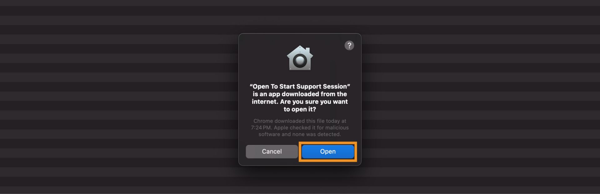 The Are you sure you want to open it prompt asking for confirmation to open the file, with option to Open and Cancel