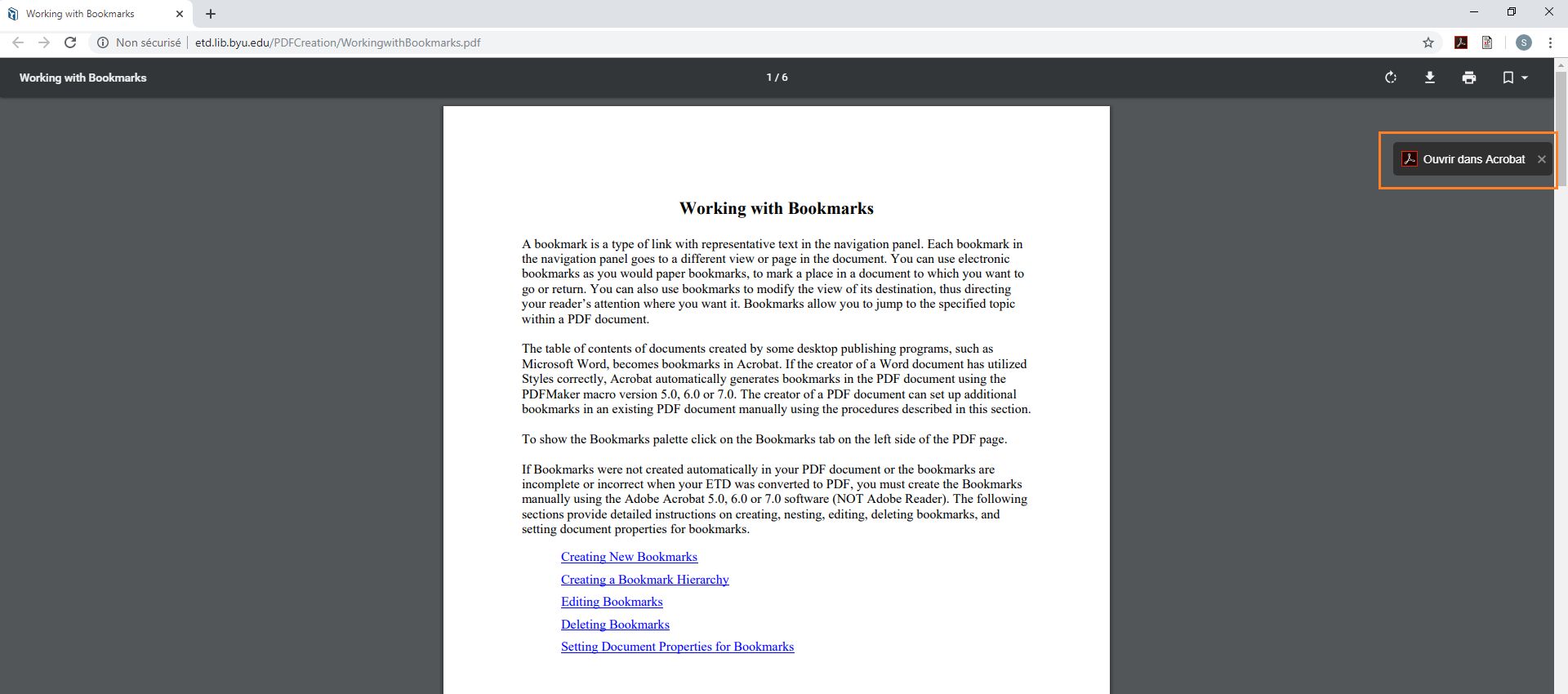 Ouverture dans un message Acrobat à l’aide de l’extension Reader Chrome
