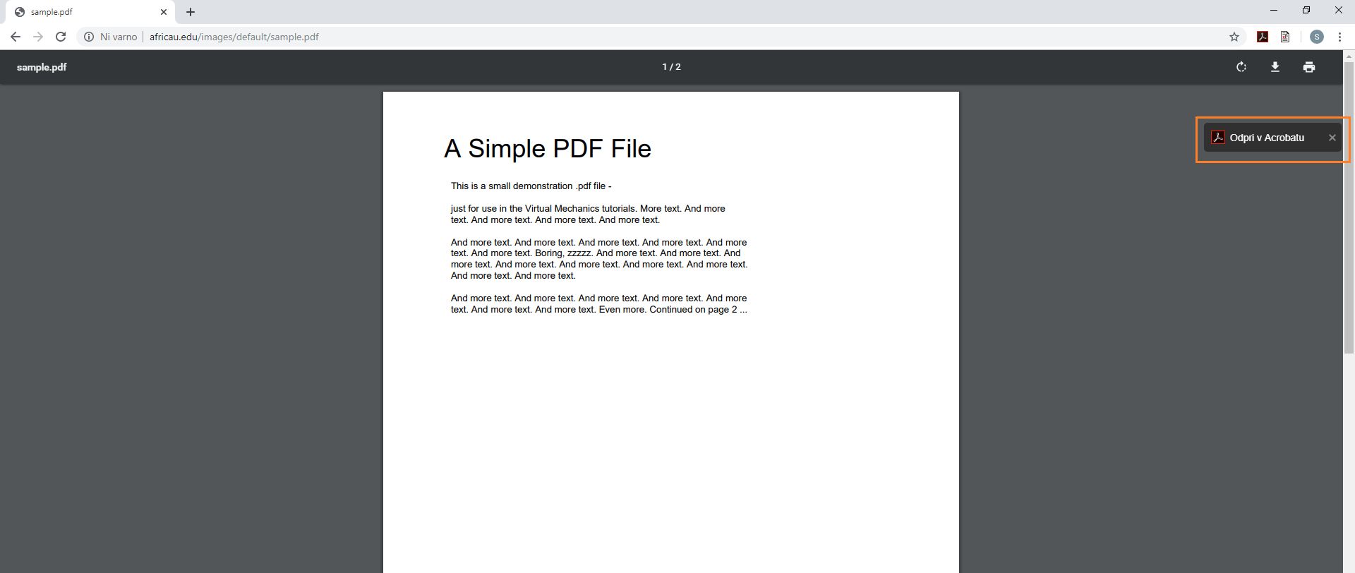 Odpiranje v Acrobatovem sporočilu z Readerjevo razširitvijo za Chrome
