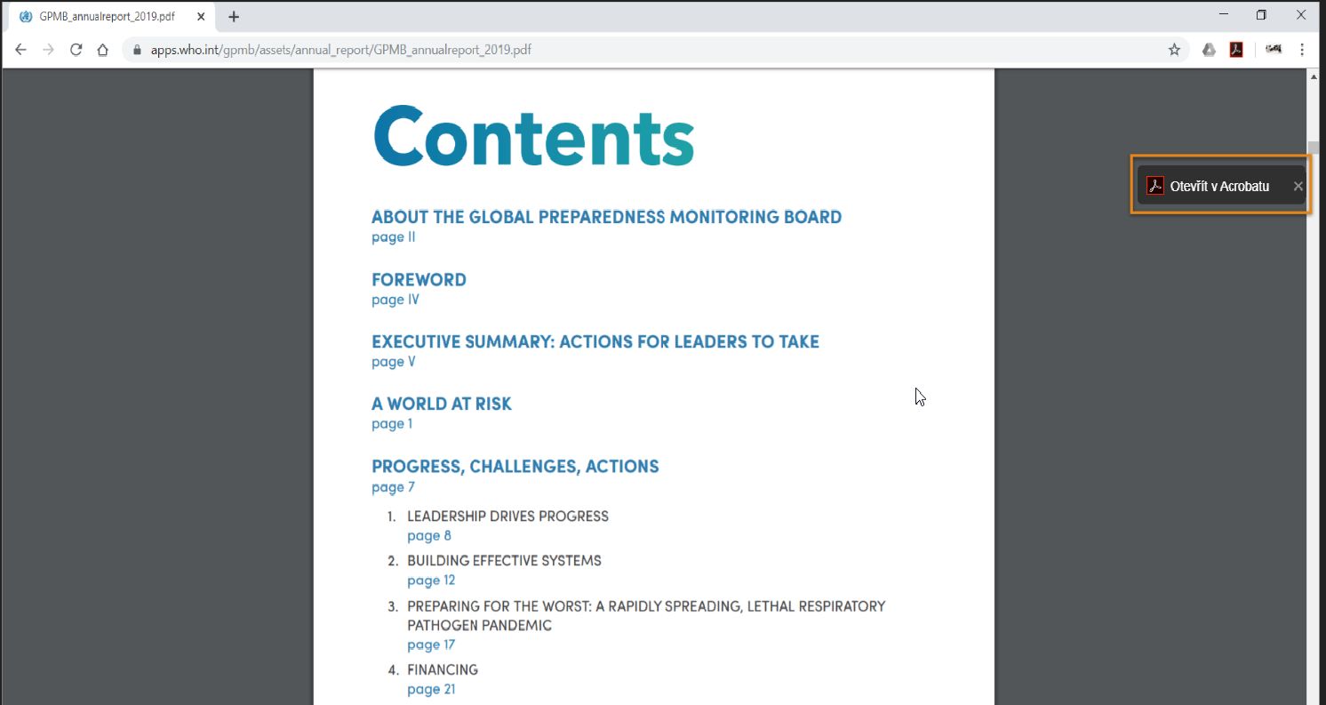 Otevřít ve zprávě aplikace Acrobat pomocí rozšíření Reader Chrome