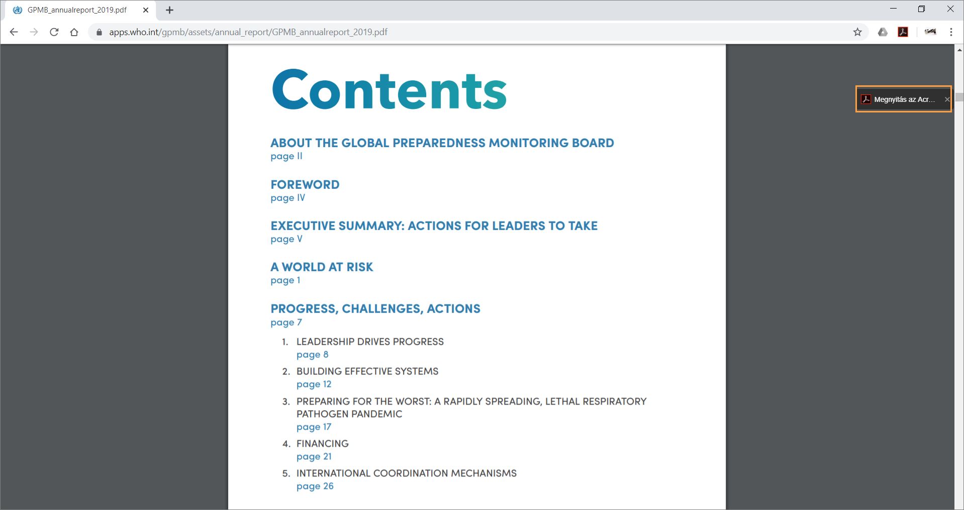 Megnyitás Acrobatban üzenet a Reader Chrome-bővítmény használatával