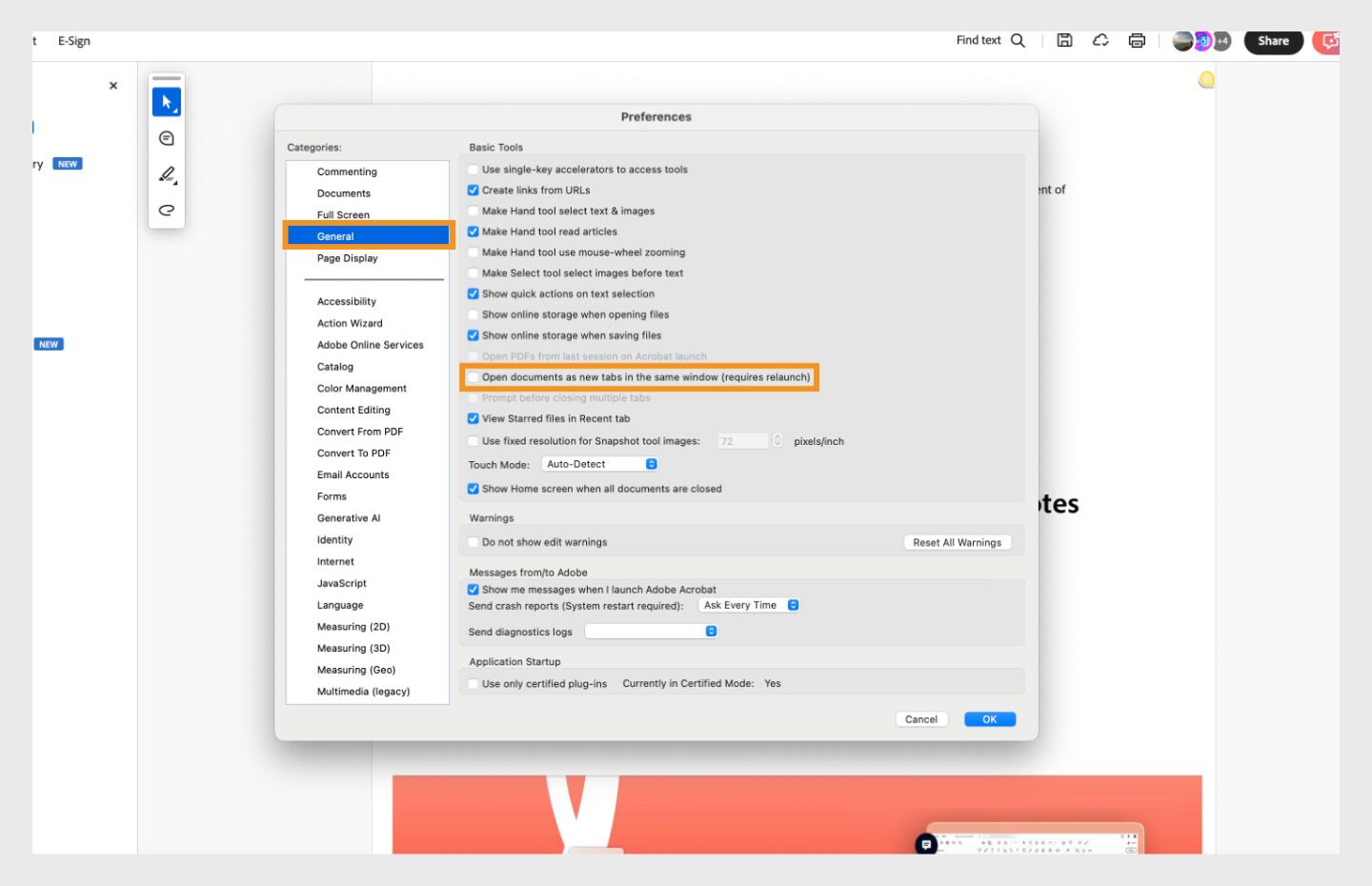Wyświetla się okno dialogowe Preferencje w programie Acrobat na komputery