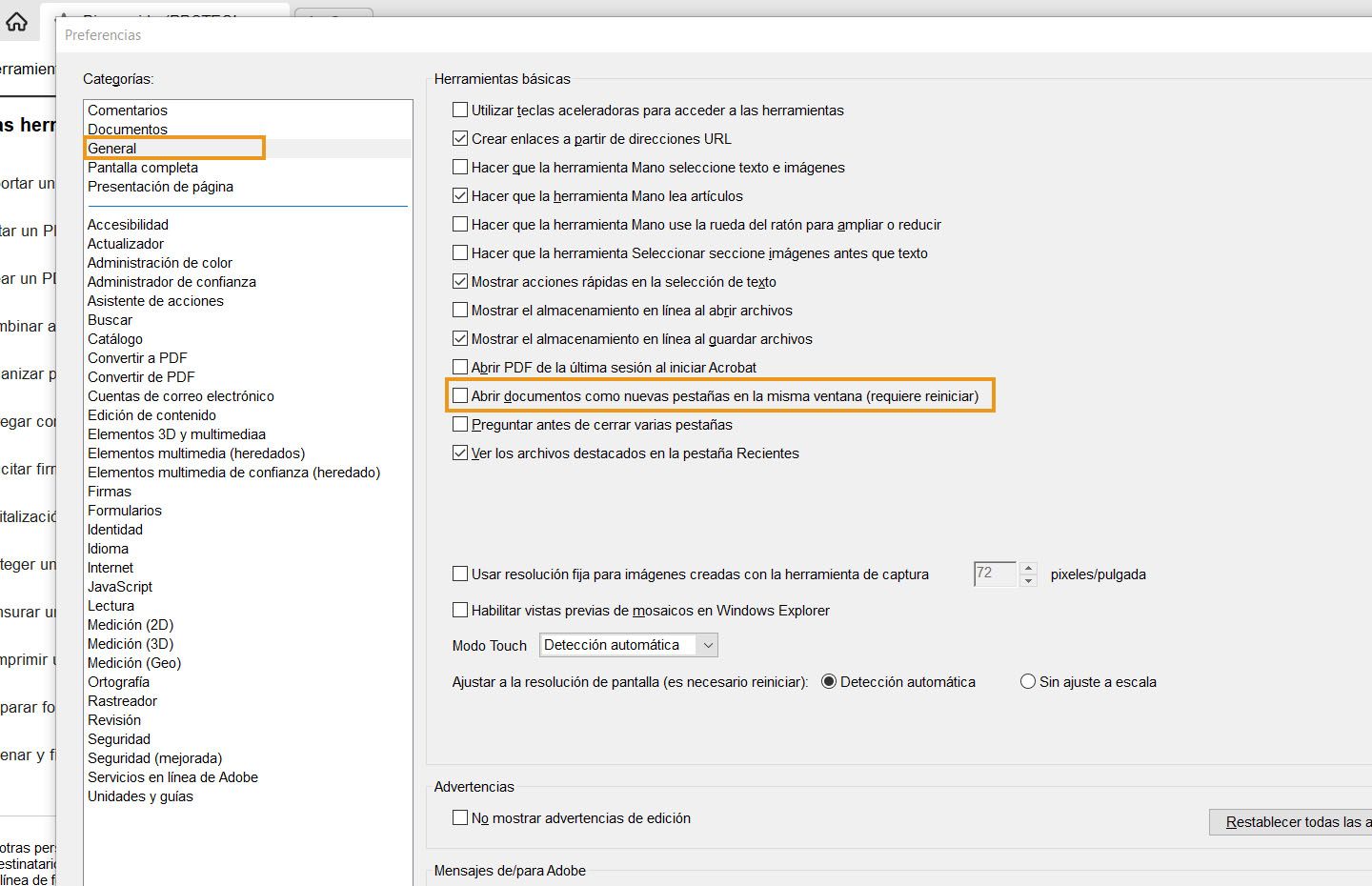 Se muestra el cuadro de diálogo Preferencias en Acrobat Desktop