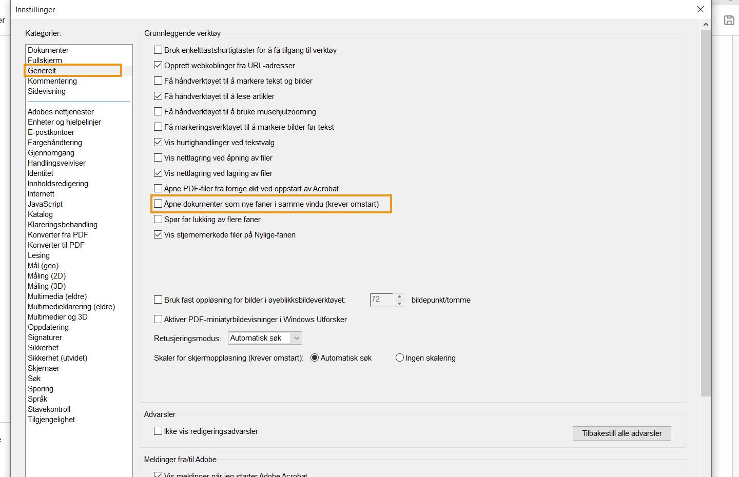 Dialogboksen Innstillinger i Acrobat for skrivebord vises
