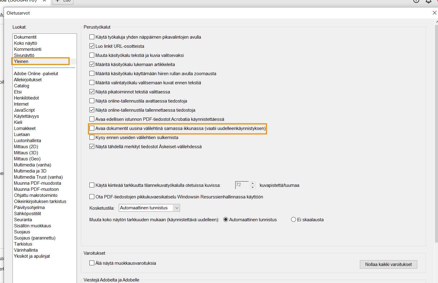Acrobatin tietokonesovelluksen Oletusarvot-valintaikkuna avautuu