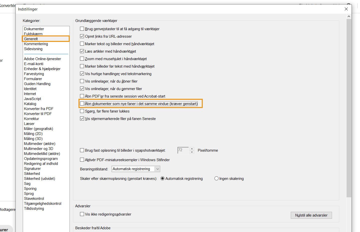 Dialogboksen Præferencer i Acrobat Desktop vises