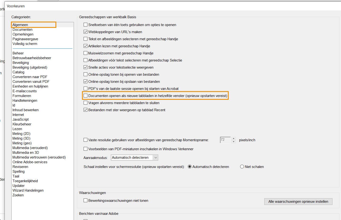 Het dialoogvenster Voorkeuren in Acrobat Desktop wordt weergegeven