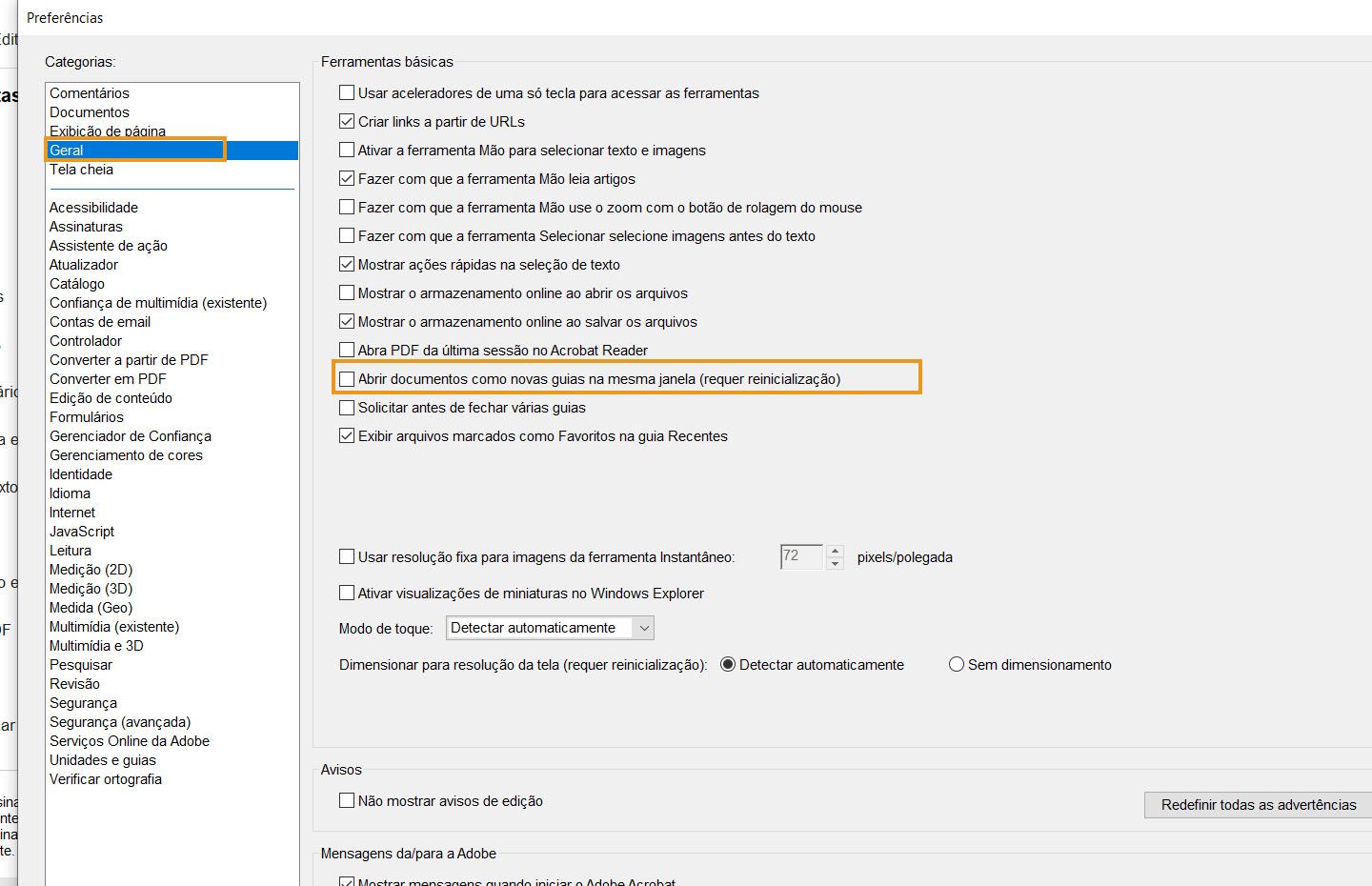A caixa de diálogo Preferências aparece no Acrobat para desktop