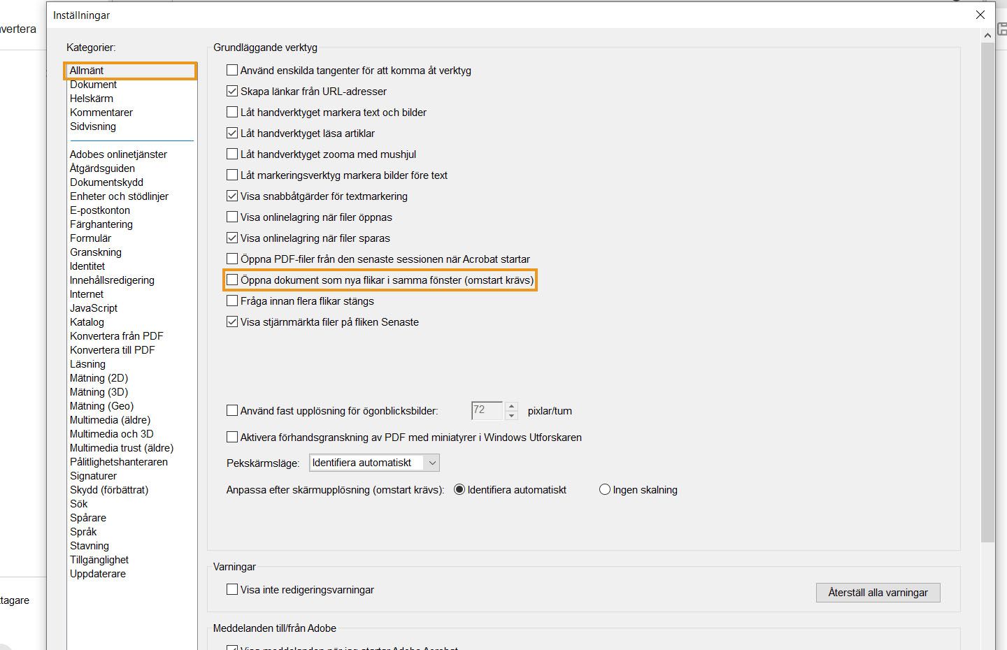 Dialogrutan Inställningar i Acrobat Desktop visas