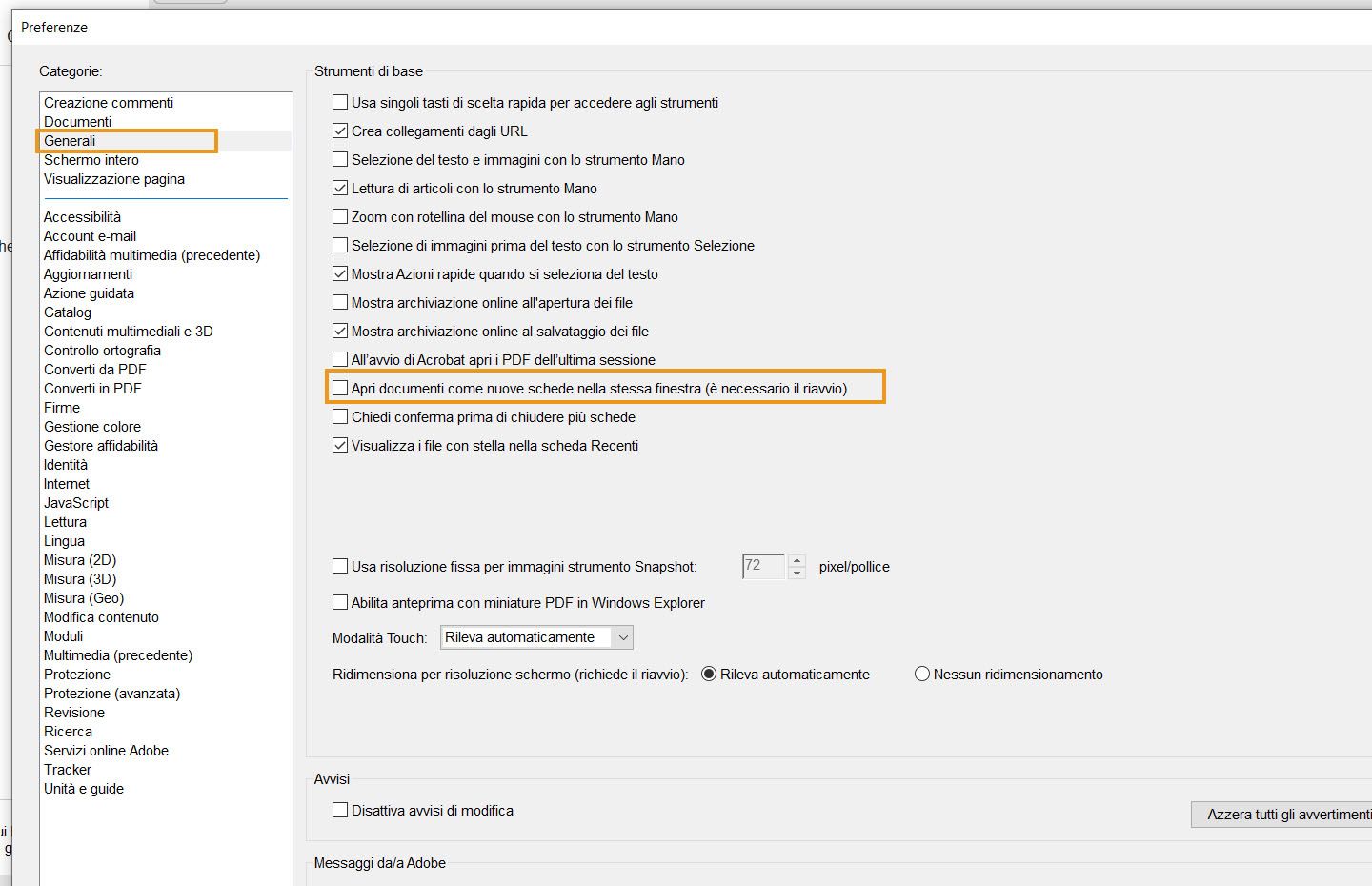 Finestra di dialogo Preferenze in Acrobat desktop