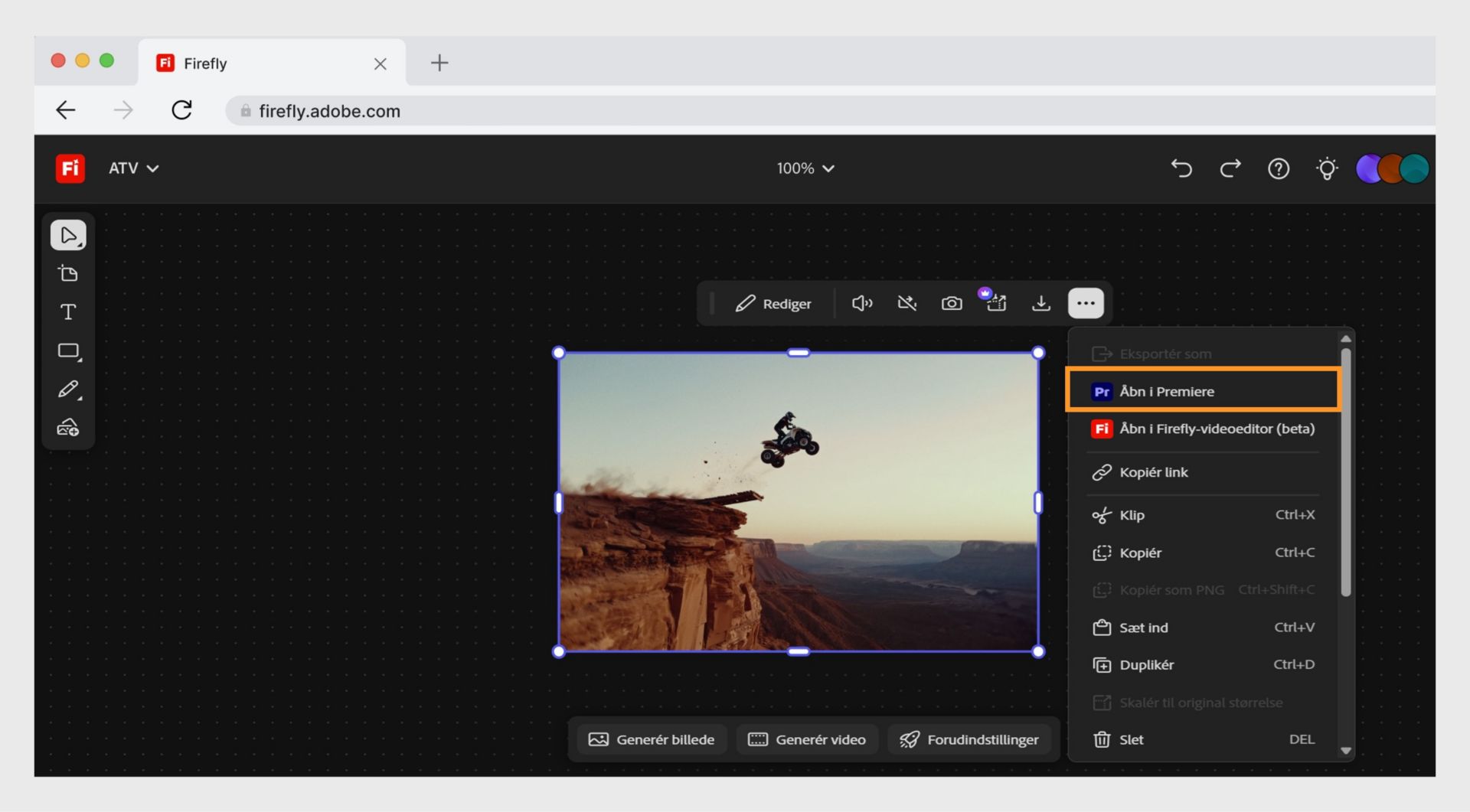 Knappen Åbn i Premiere desktop giver dig mulighed for at åbne din fil i Adobe Premiere.