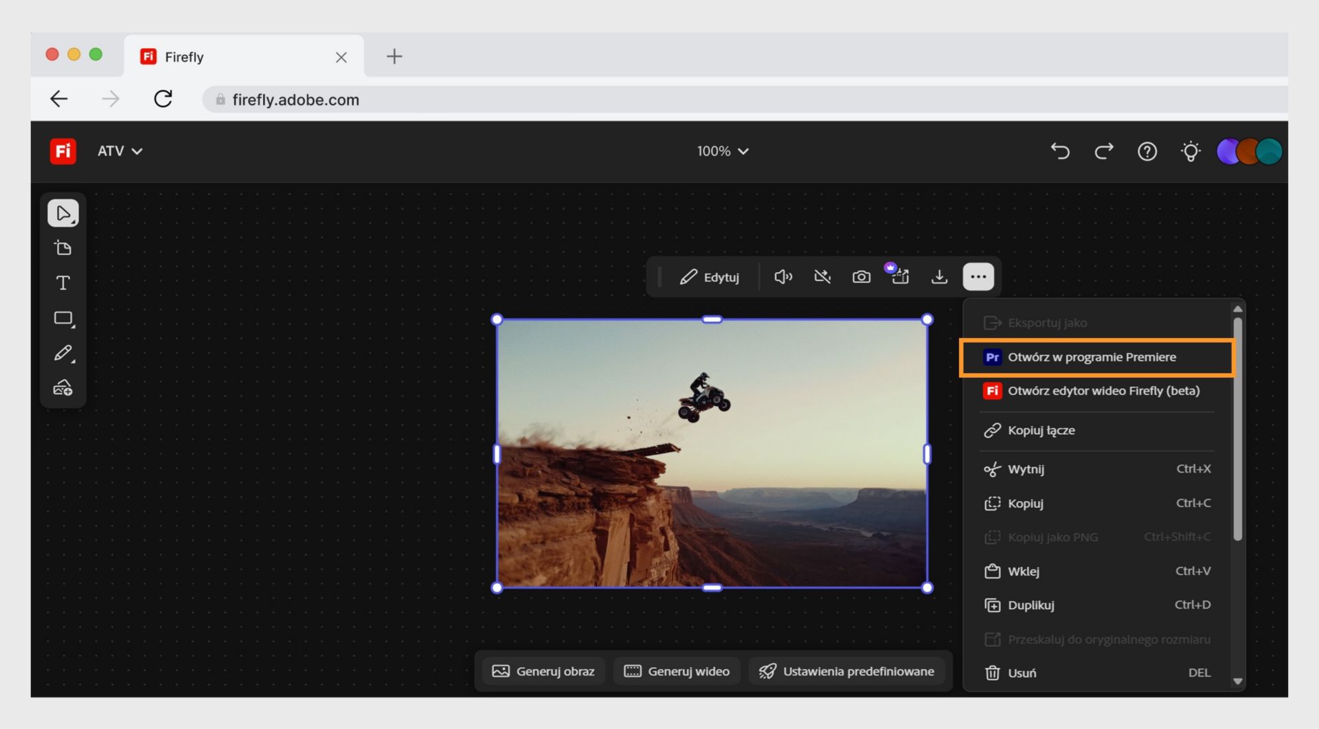 Przycisk Otwórz w aplikacji komputerowej Premiere umożliwia otwarcie pliku w programie Adobe Premiere.