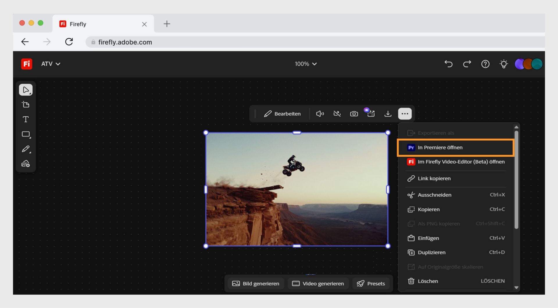 Der Button „In Premiere Desktop öffnen“ ermöglicht es dir, deine Datei in Adobe Premiere zu öffnen.