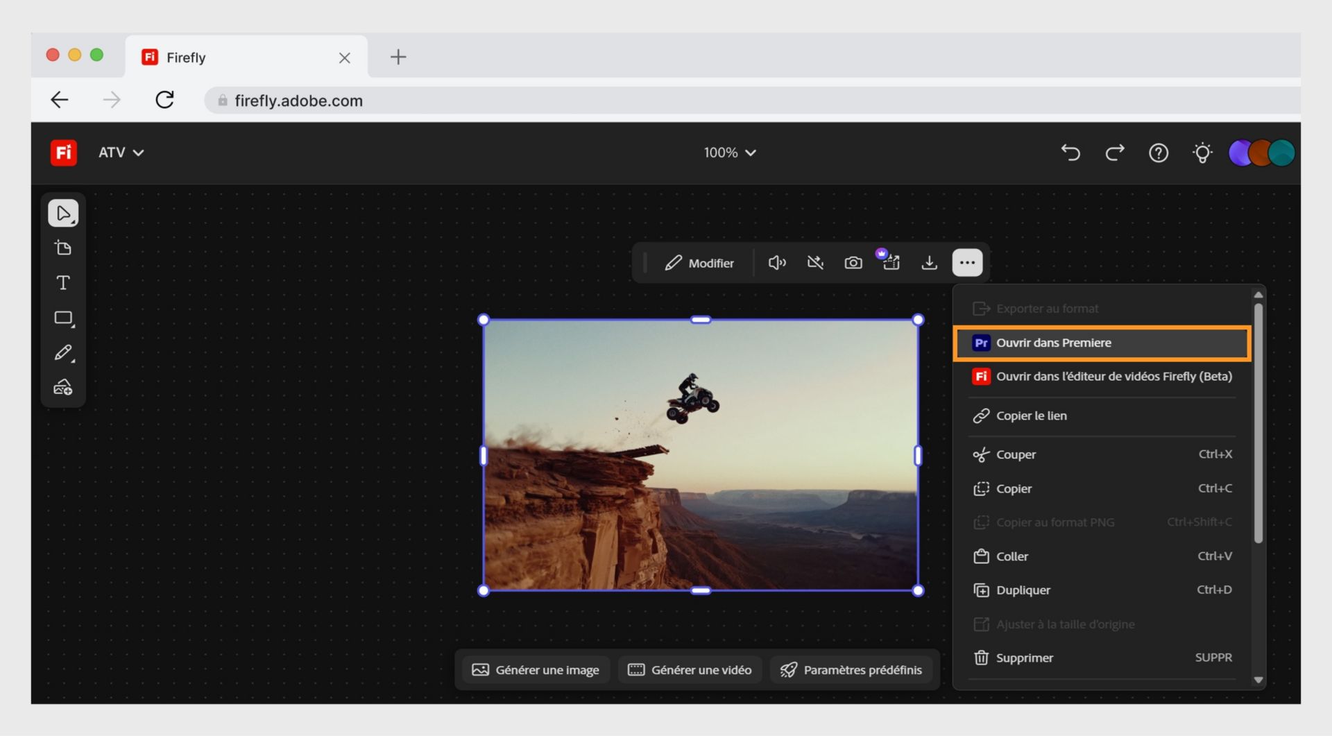 Le bouton Ouvrir dans Premiere pour poste de travail permet d’ouvrir votre fichier dans Adobe Premiere.