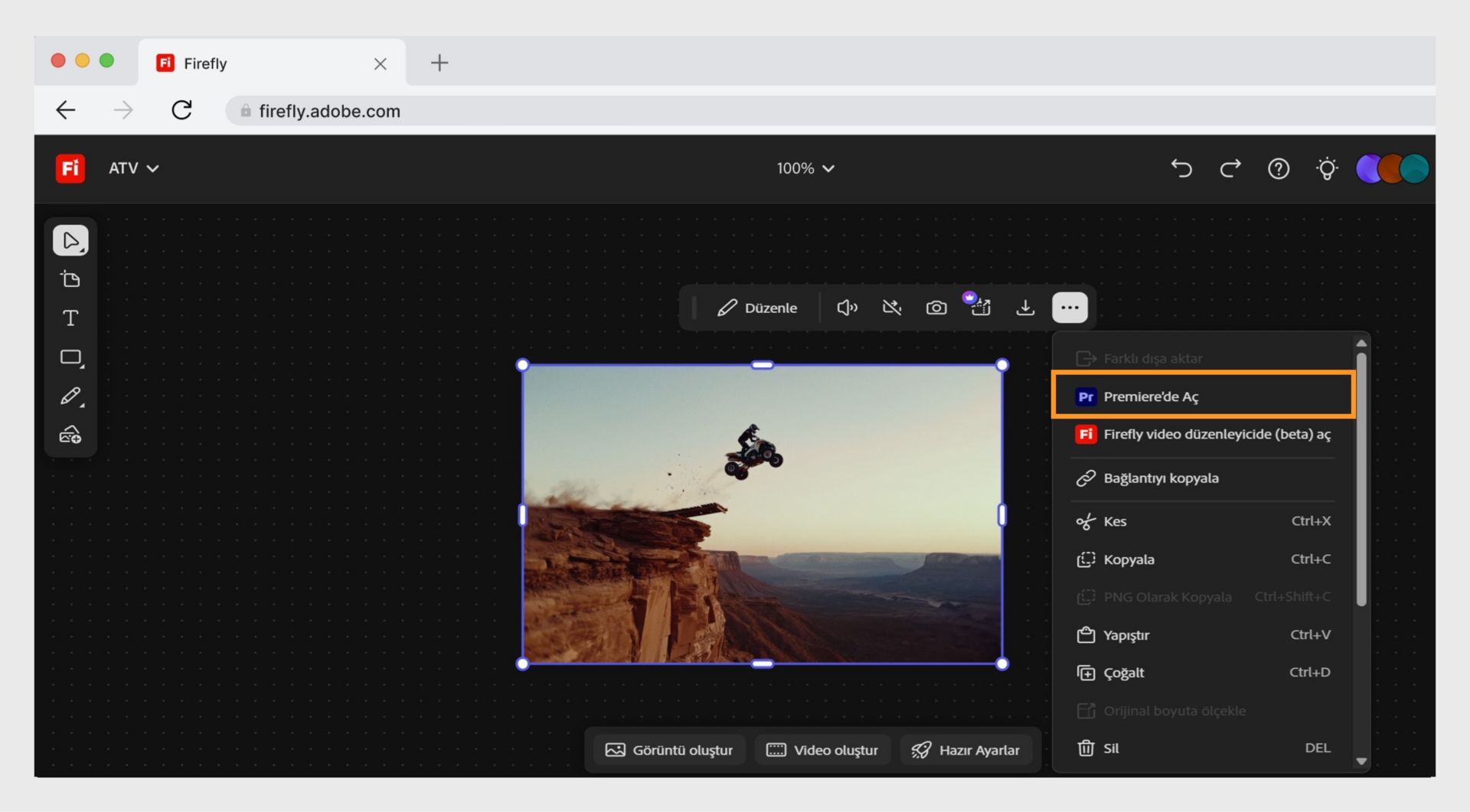 "Premiere'de Aç" masaüstü düğmesi dosyanızı Adobe Premiere'de açmanızı sağlar.