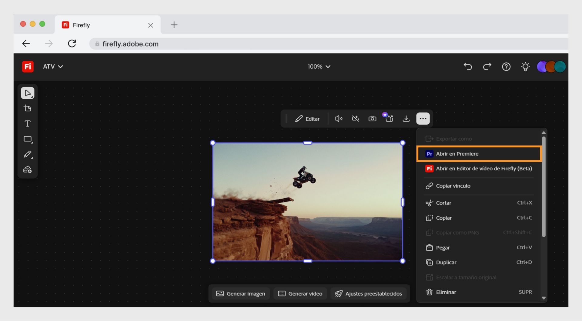 El botón Abrir en Premiere para escritorio le permite abrir su archivo en Adobe Premiere.