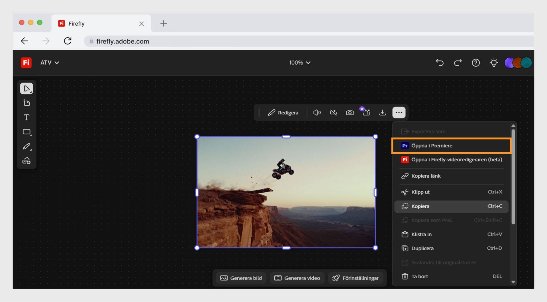 Knappen Öppna i Premiere-datorprogrammet låter dig öppna din fil i Adobe Premiere.