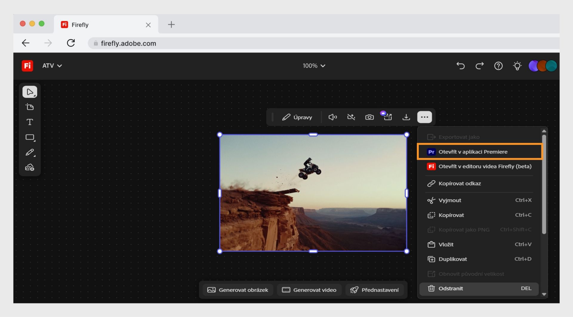 Tlačítko Otevřít v aplikaci Premiere pro počítače umožňuje otevřít soubor v aplikaci Adobe Premiere.
